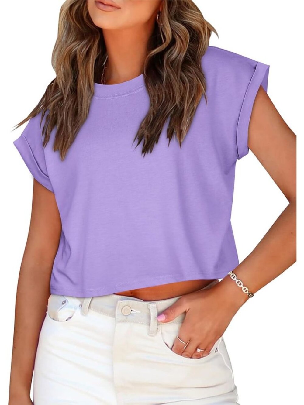 Women's Purple Crew Neck Cap Sleeves Crop Casual Pull On Basic Tees Shirts